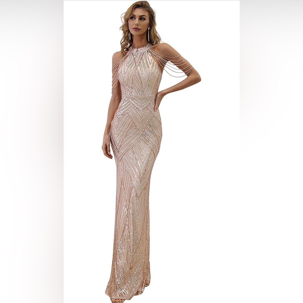 Elegant Sequin Maxi Dress - Rose Gold